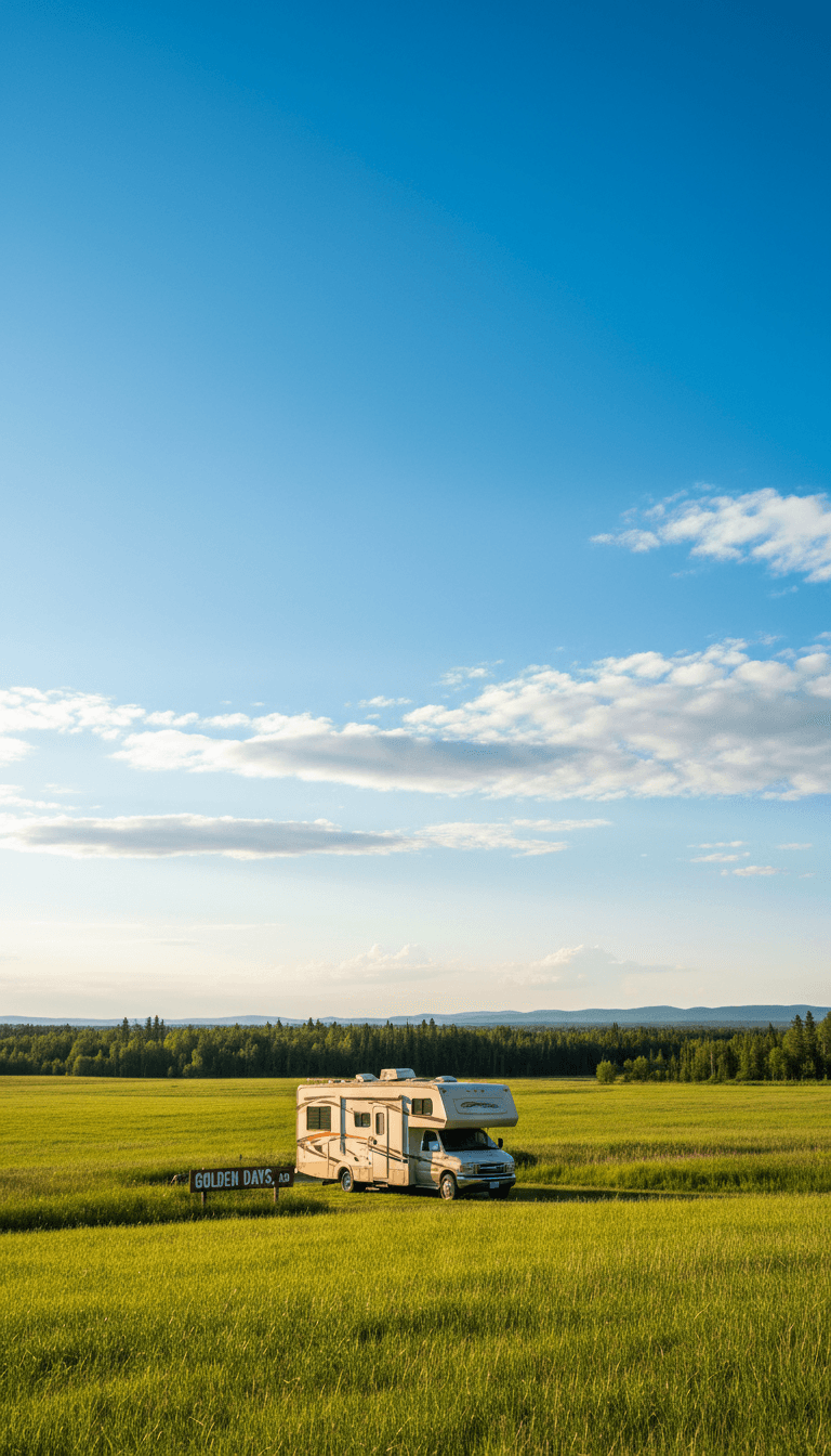 RV parked in a grassy field at the edge of a treeline in Golden Days, Alberta