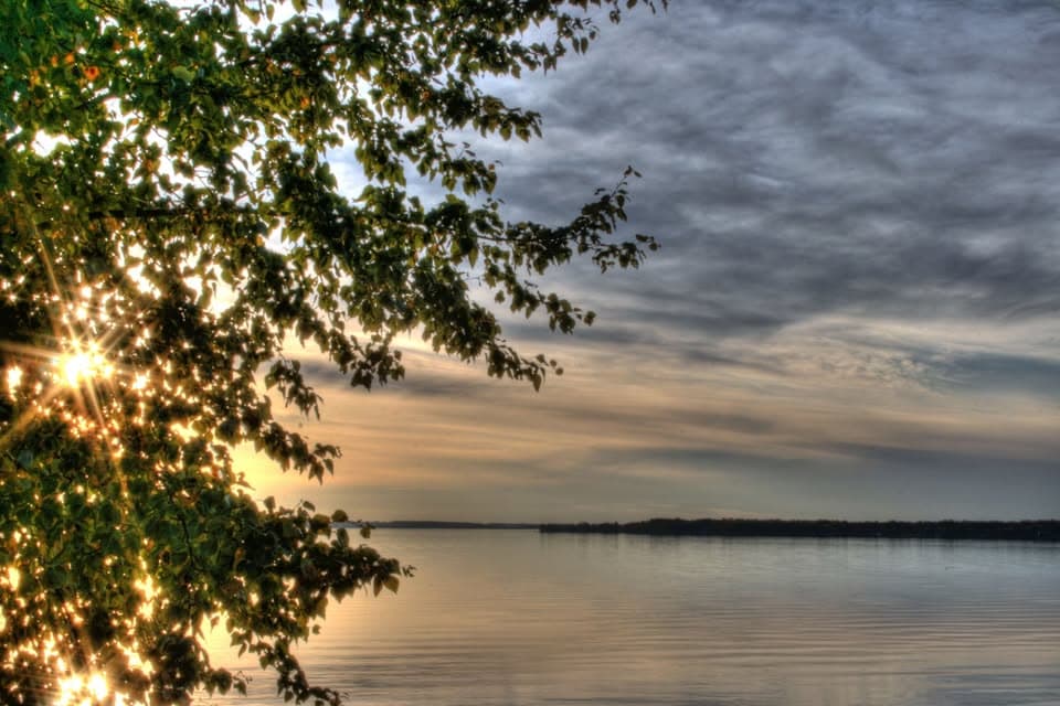 Sunlight filters through tree leaves over a calm lake under a dramatic, cloudy sky.